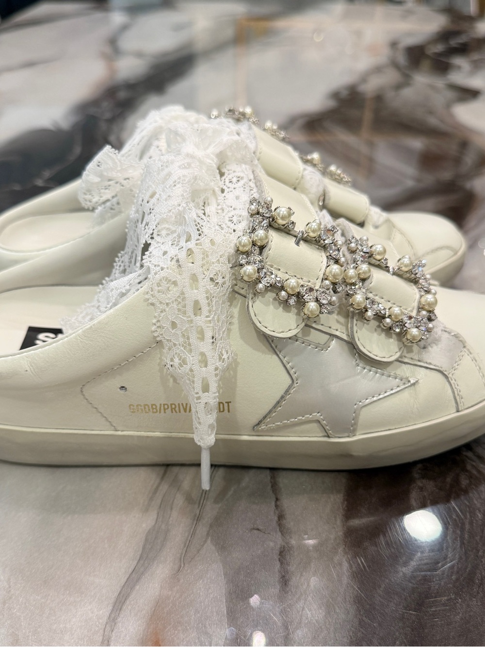 GOLDEN GOOSE Old School Sabot PEARL EMBELLISHED BUCKLE Sneakers 37/7 - Picture 3 of 16